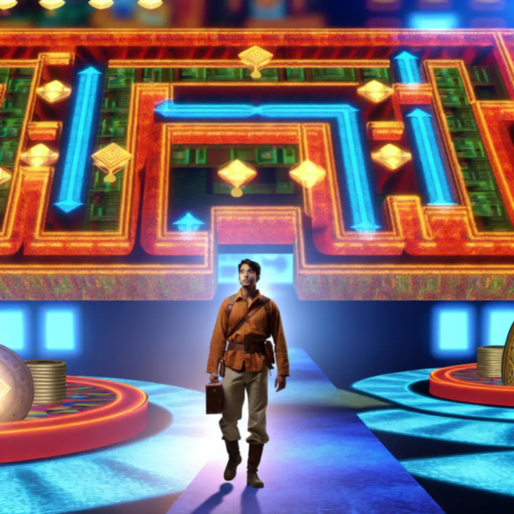 Eksplorator w kolorowym labiryncie Super Maze World w dynamicznej scenie arcade