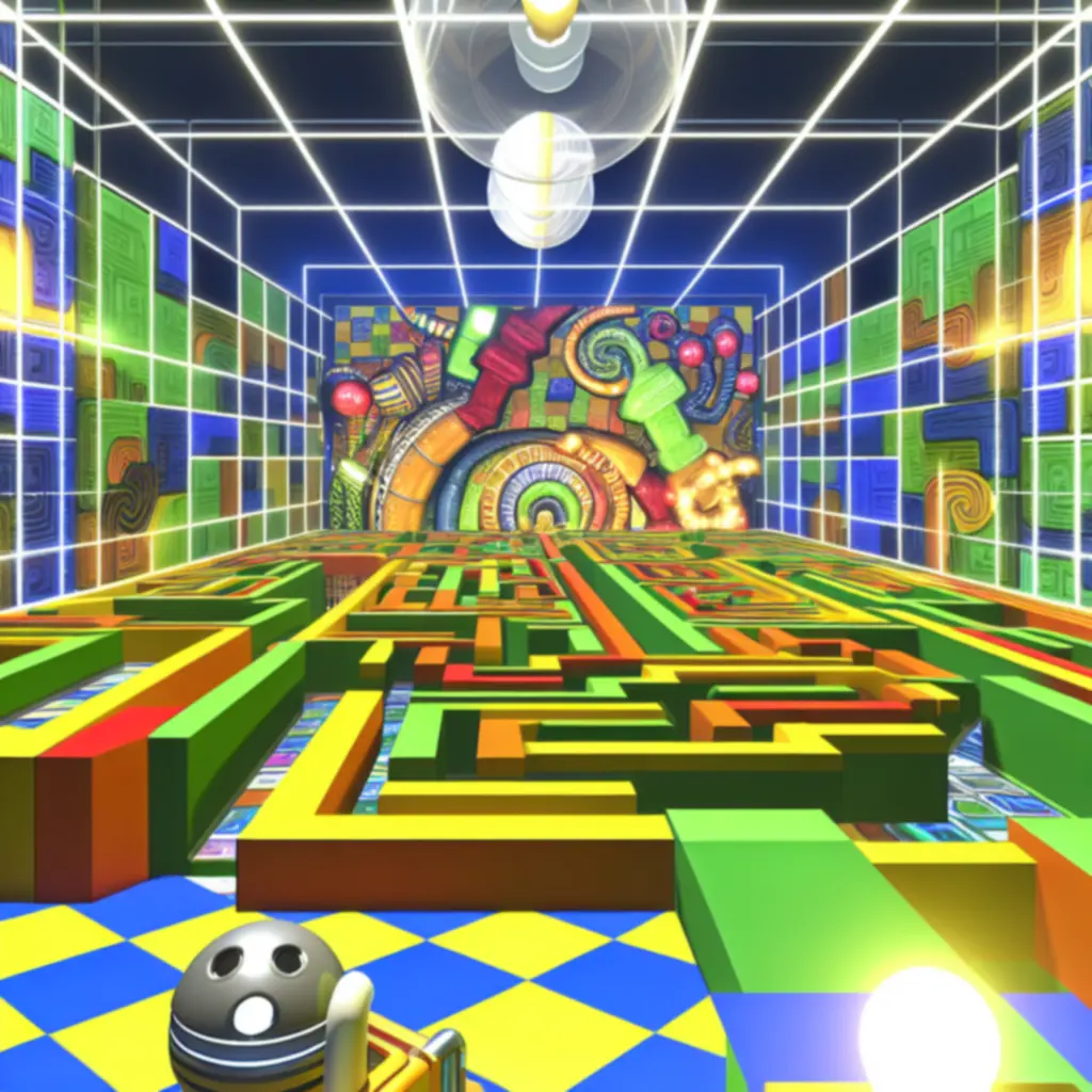 Kolorowy labirynt z gry Super Maze World w dynamicznym stylu arcade