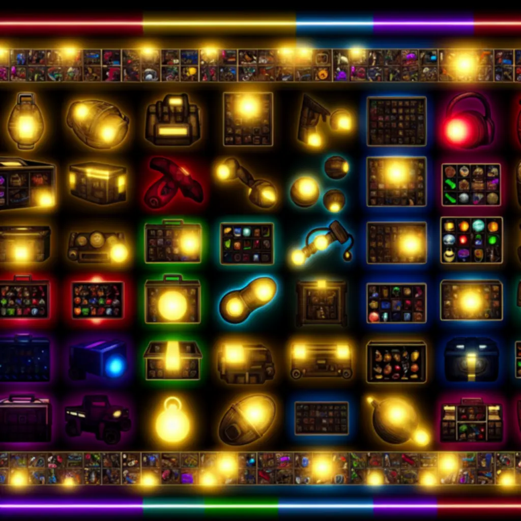 Zestaw kolorowych przedmiotów z gry Super Maze World, prezentowanych w dynamicznym, arcade'owym stylu