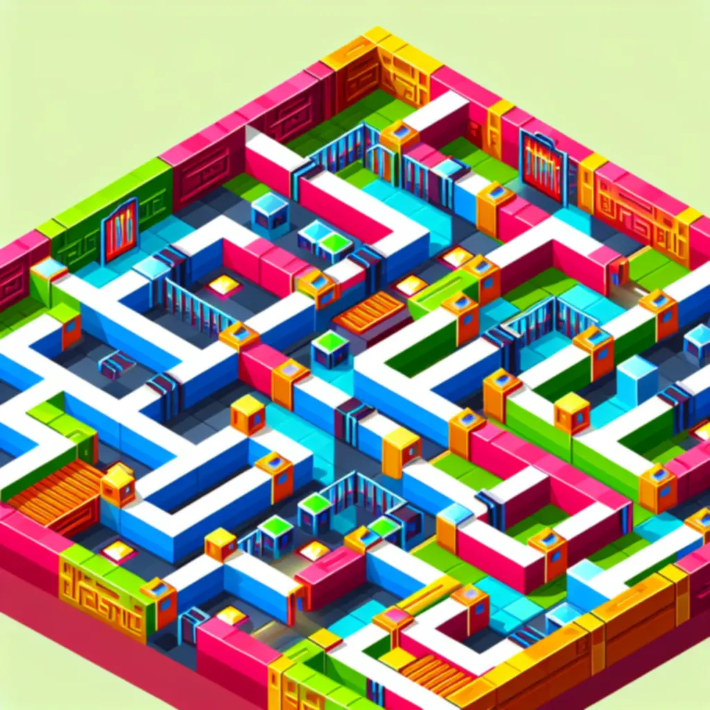 Widok poziomu labiryntu z kolorowym układem korytarzy w stylu arcade