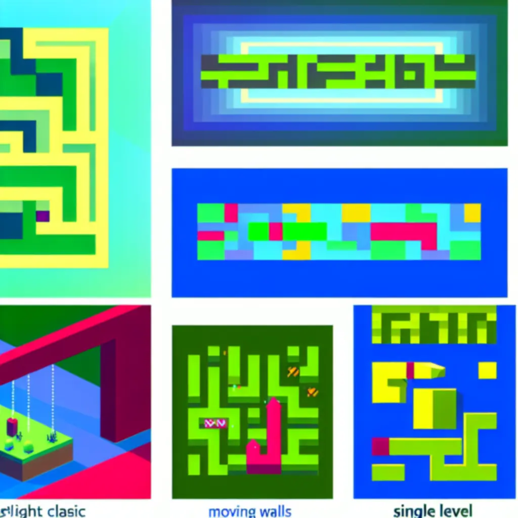 Ilustracja przedstawiająca różne typy labiryntów w grze Super Maze World