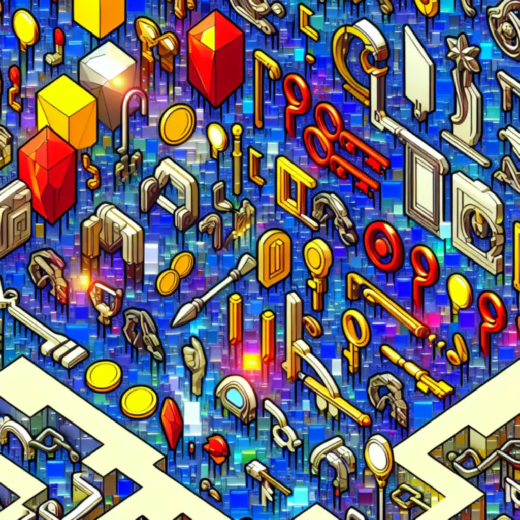 Zestaw kolorowych, unikalnych przedmiotów z gry Super Maze World