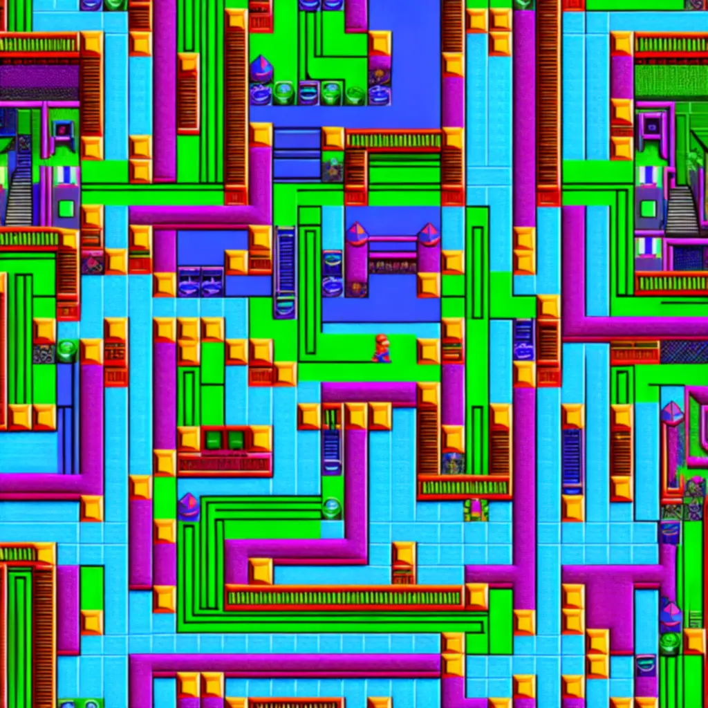 Kolorowe wizualizacje poziomów z gry Super Maze World w stylu retro arcade